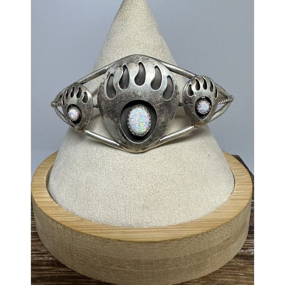 Native Navajo Esther White 925 Sterling Silver Opal Bear Paw Cuff Bracelet 6.25”